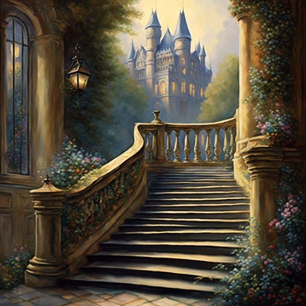 Fantasy Castle Staircase in Gouache Impressionist Style