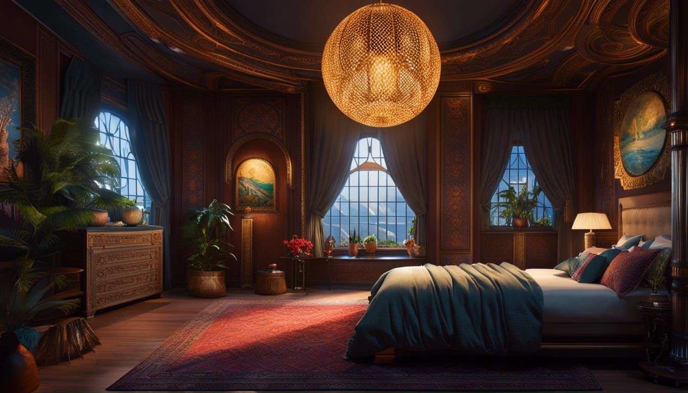 Enchanting Elven Bedroom in Forest Tree, Digital Illustratio...