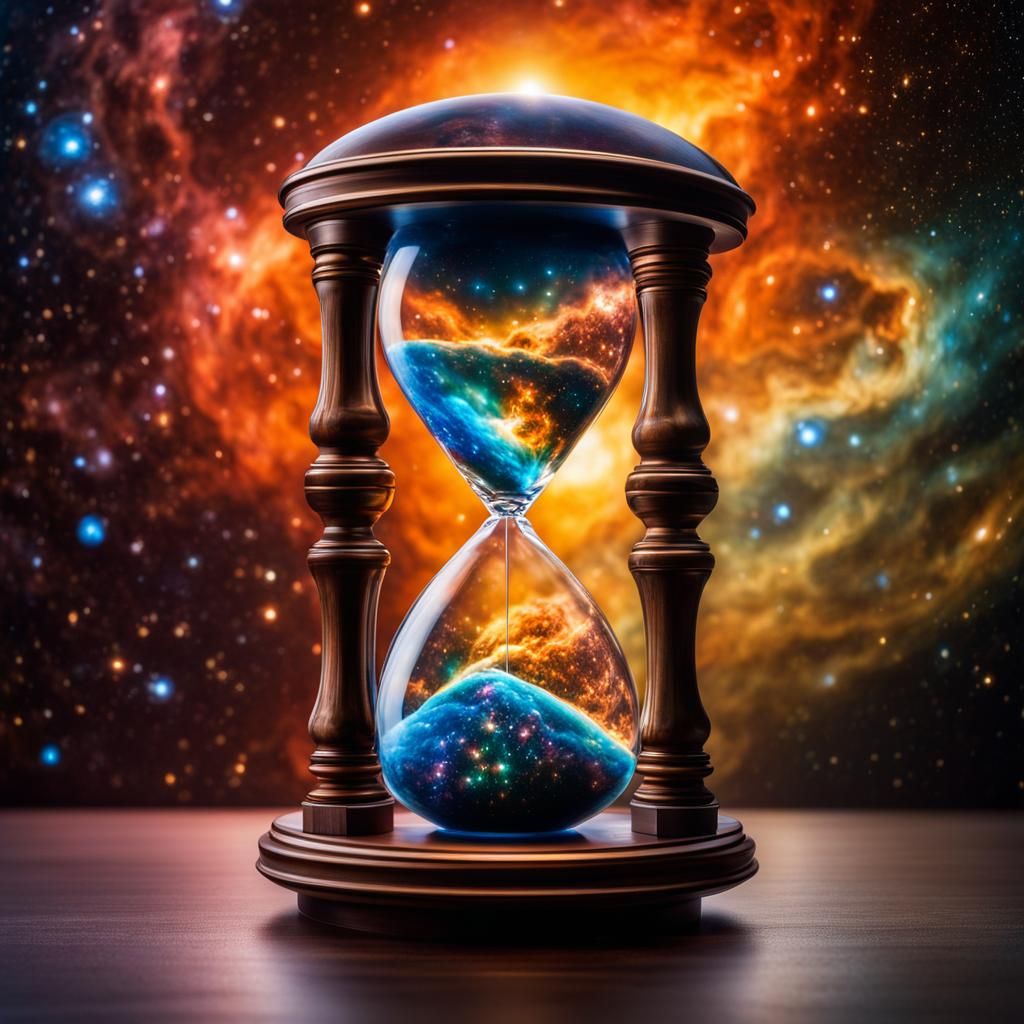 Hourglass Filled with Colorful Nebulae and Galaxies