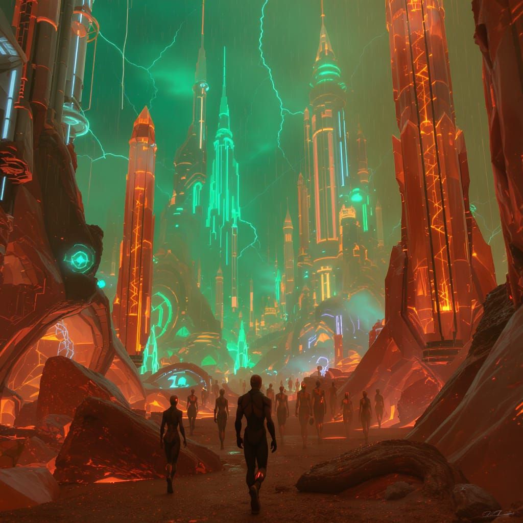 A glowing neon green and orange alien city with orange crystalline aliens called the G'Bani.
