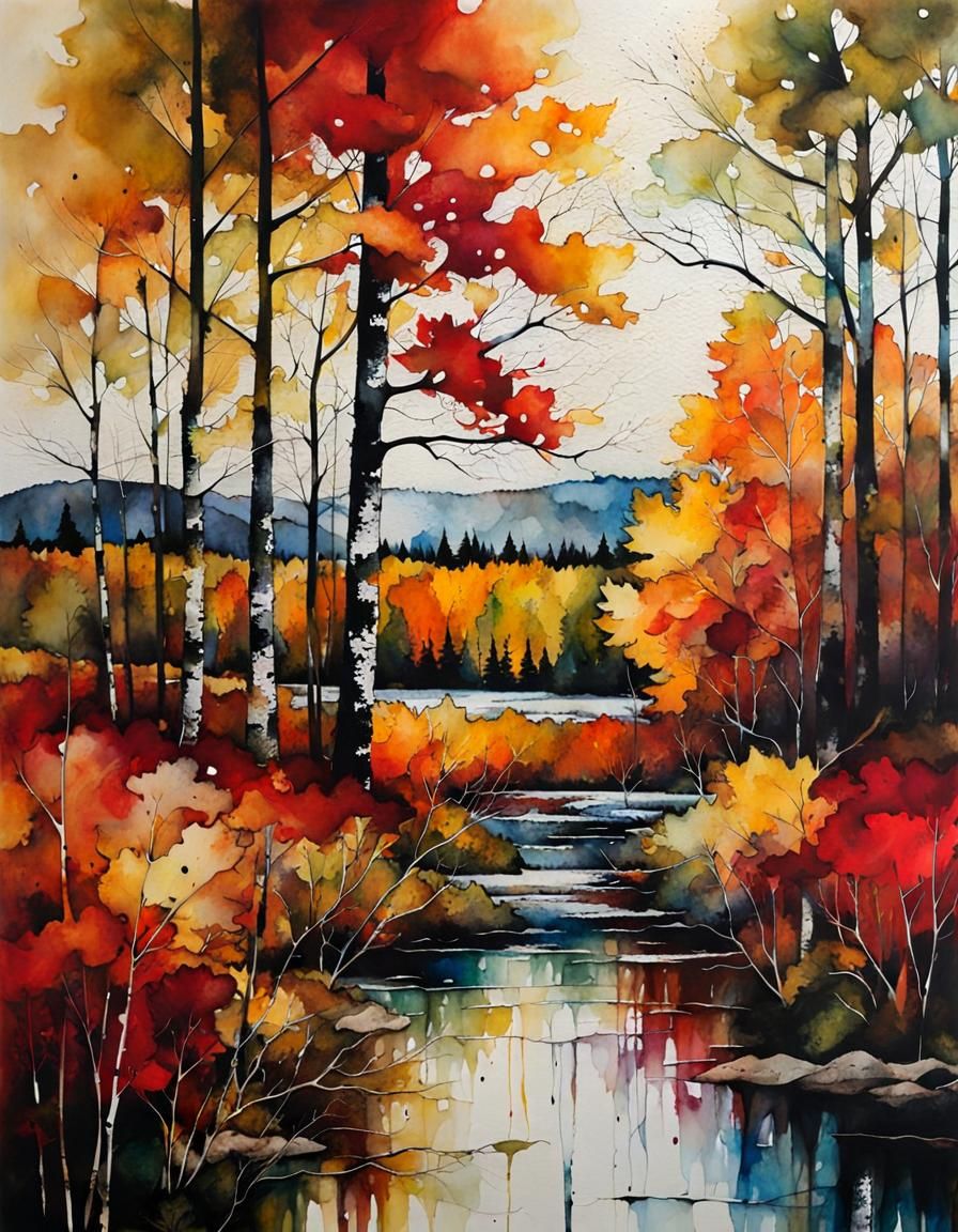 Vibrant Autumn Landscape in Alcohol Ink Style