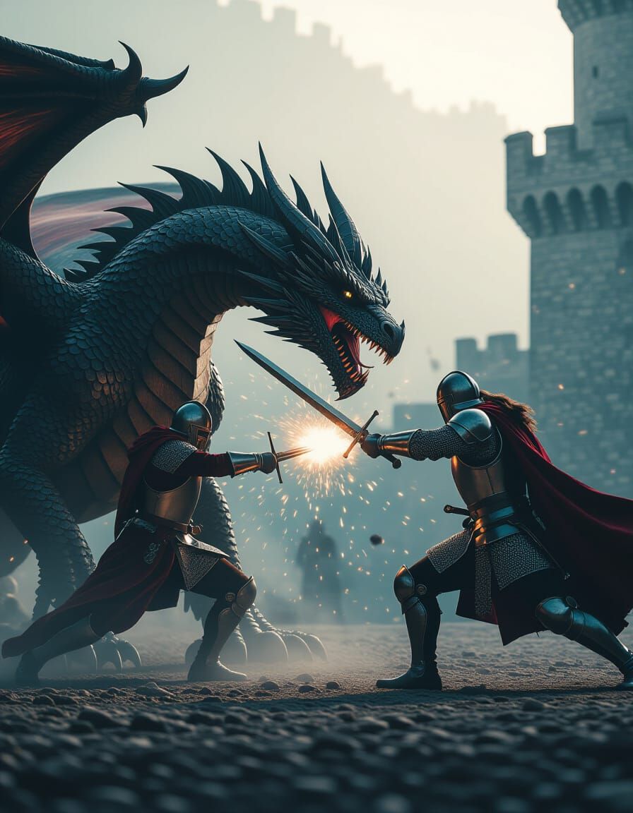 Knight Strikes Dragon in Dramatic Cinematic Scene