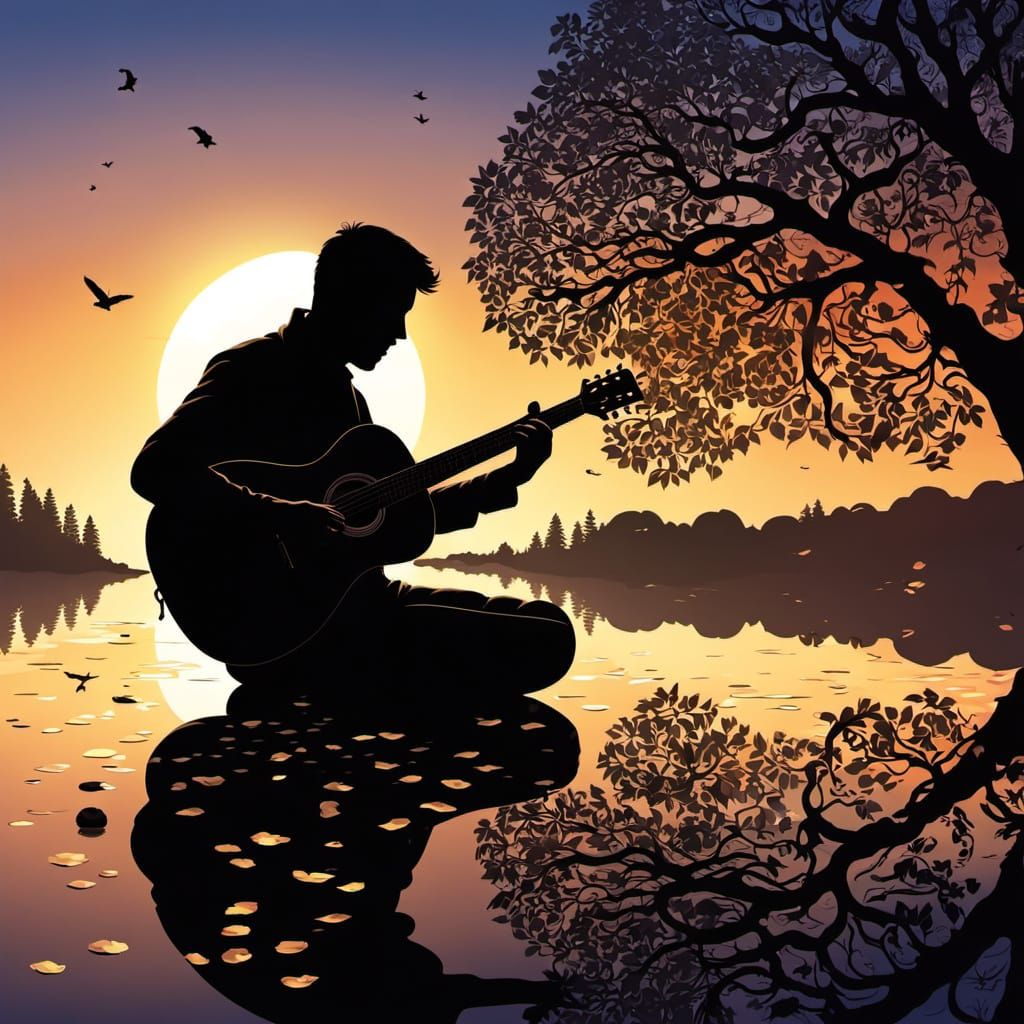 Man Playing Guitar Under Four Seasons at Golden Hour