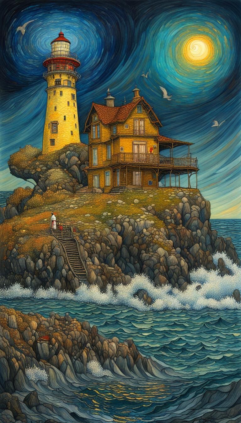 Island Lighthouse in Expressionist Post-Impressionist Style