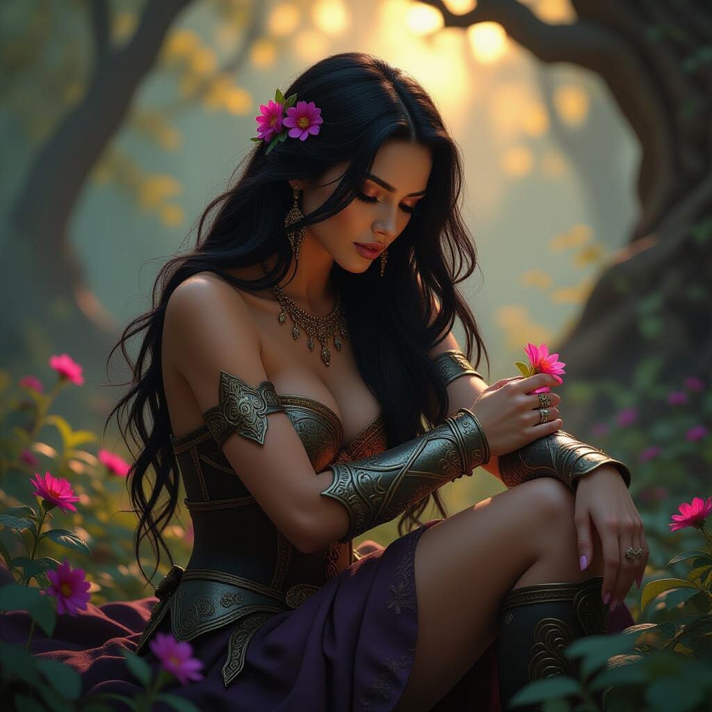 Mystical Woman Heals in Enchanted Forest, Art Nouveau Style