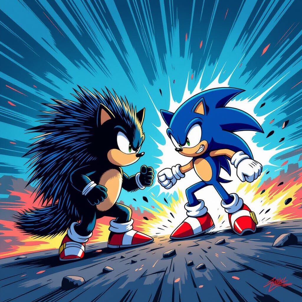 Porcupine vs Sonic in Comic Book Style