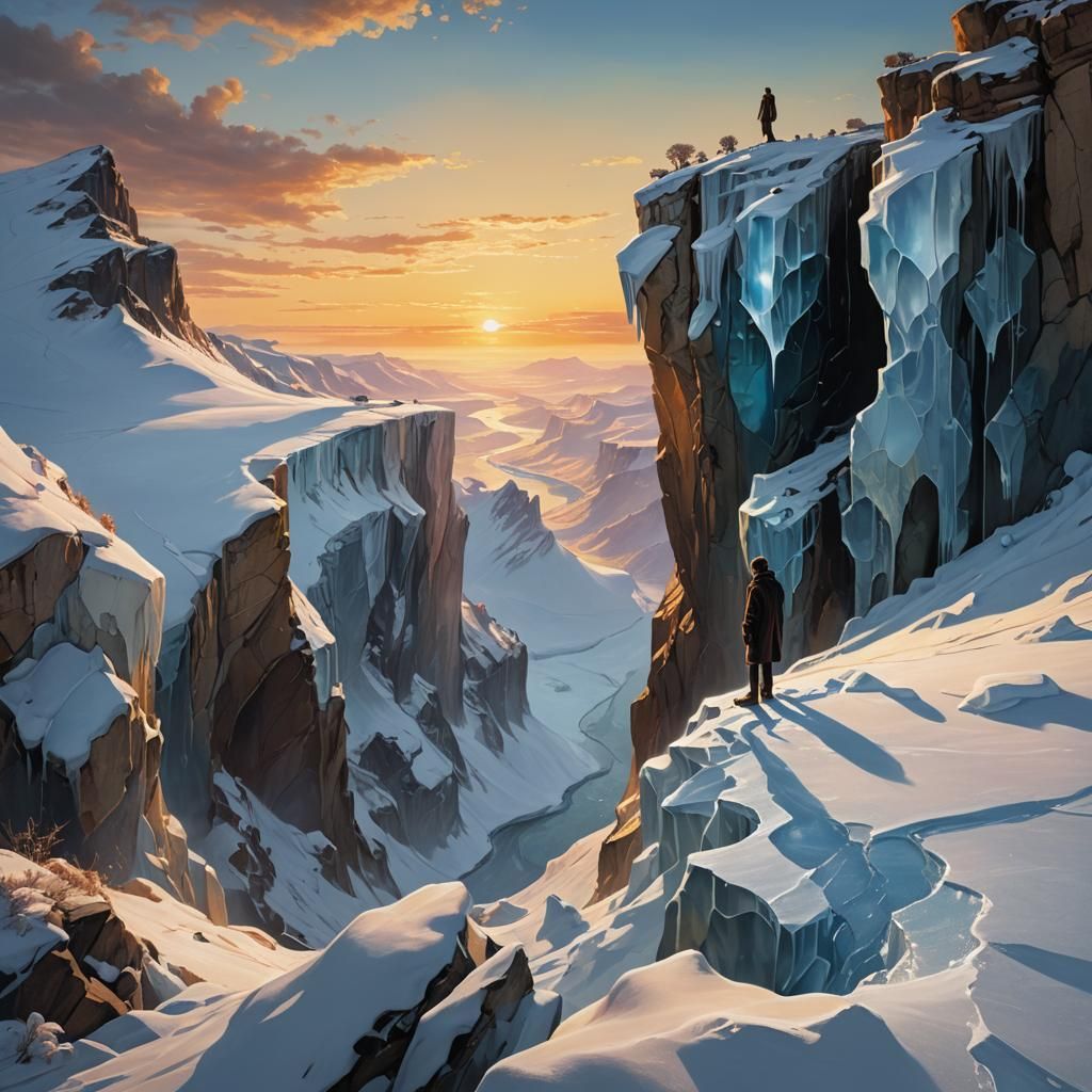 Majestic Figure at Frozen Cliff Sunset