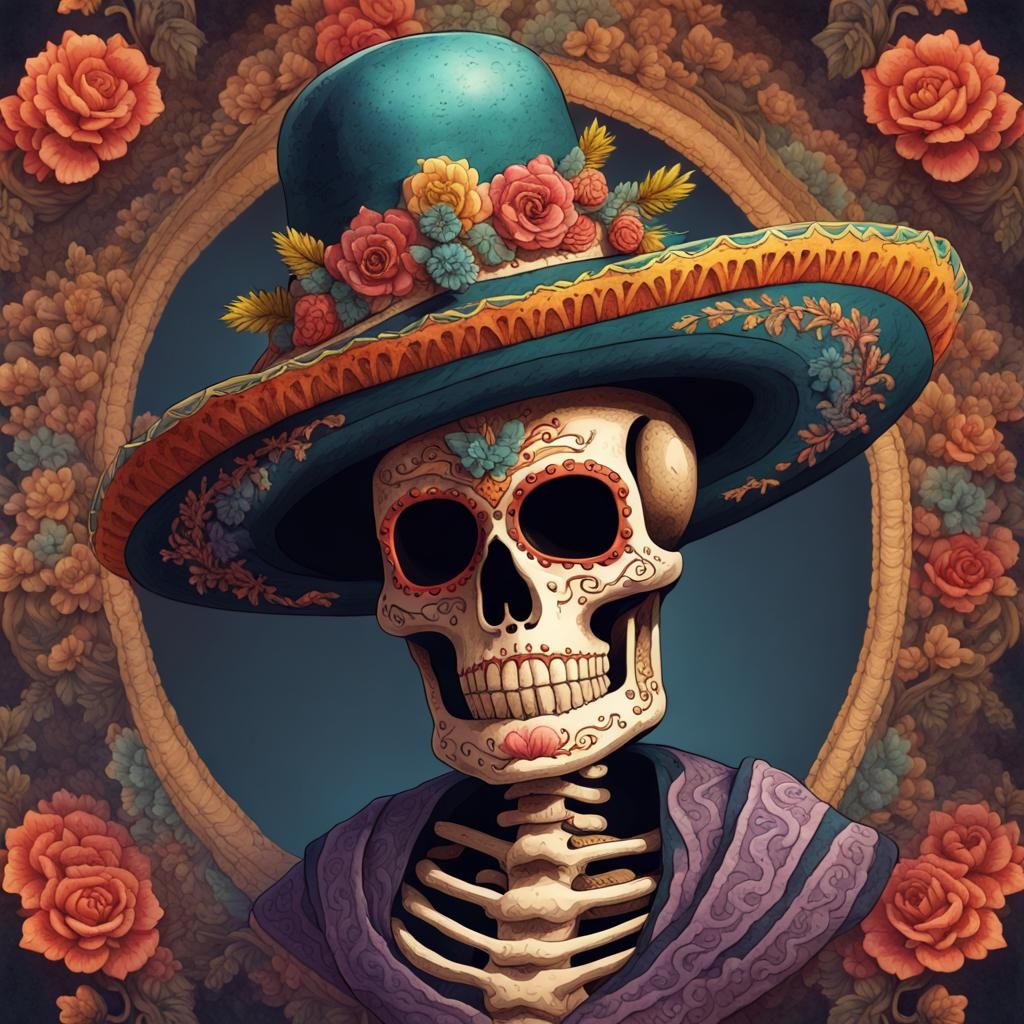 Mexican Skeleton with Sombrero and Crown in Watercolor