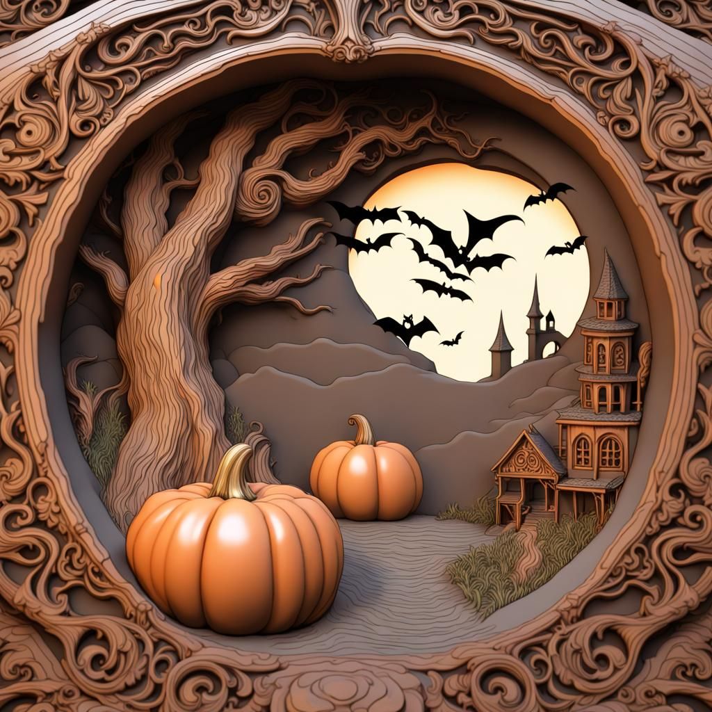 Elaborate 3D Halloween Landscape Carved in Pumpkin
