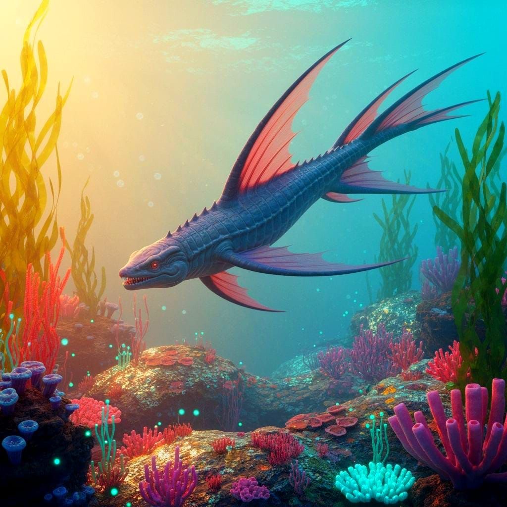 Bioluminescent Sea Monster in Vibrant Coral Reef