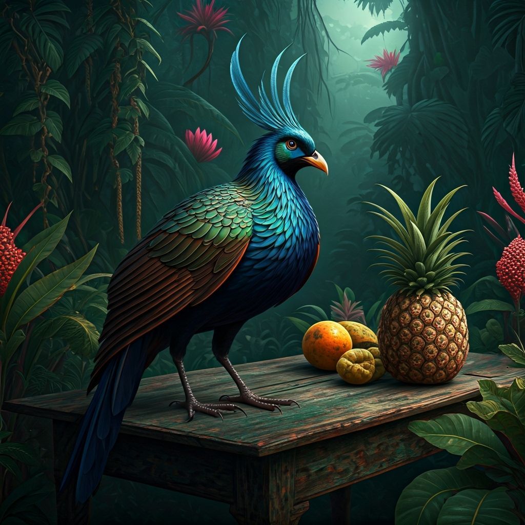 Iridescent Bird of Paradise in Prehistoric Landscape