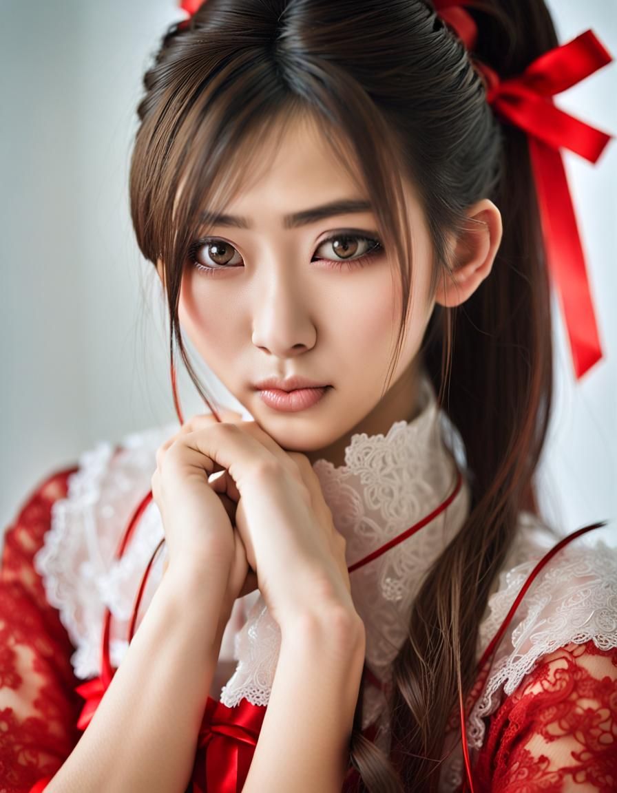 Portrait of a Beautiful Japanese Girl in Red Lace