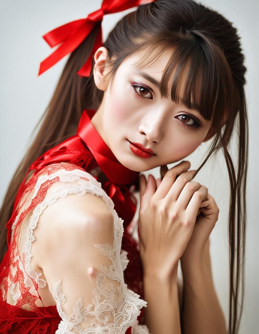 Beautiful Japanese Girl Portrait in Red Lace Top