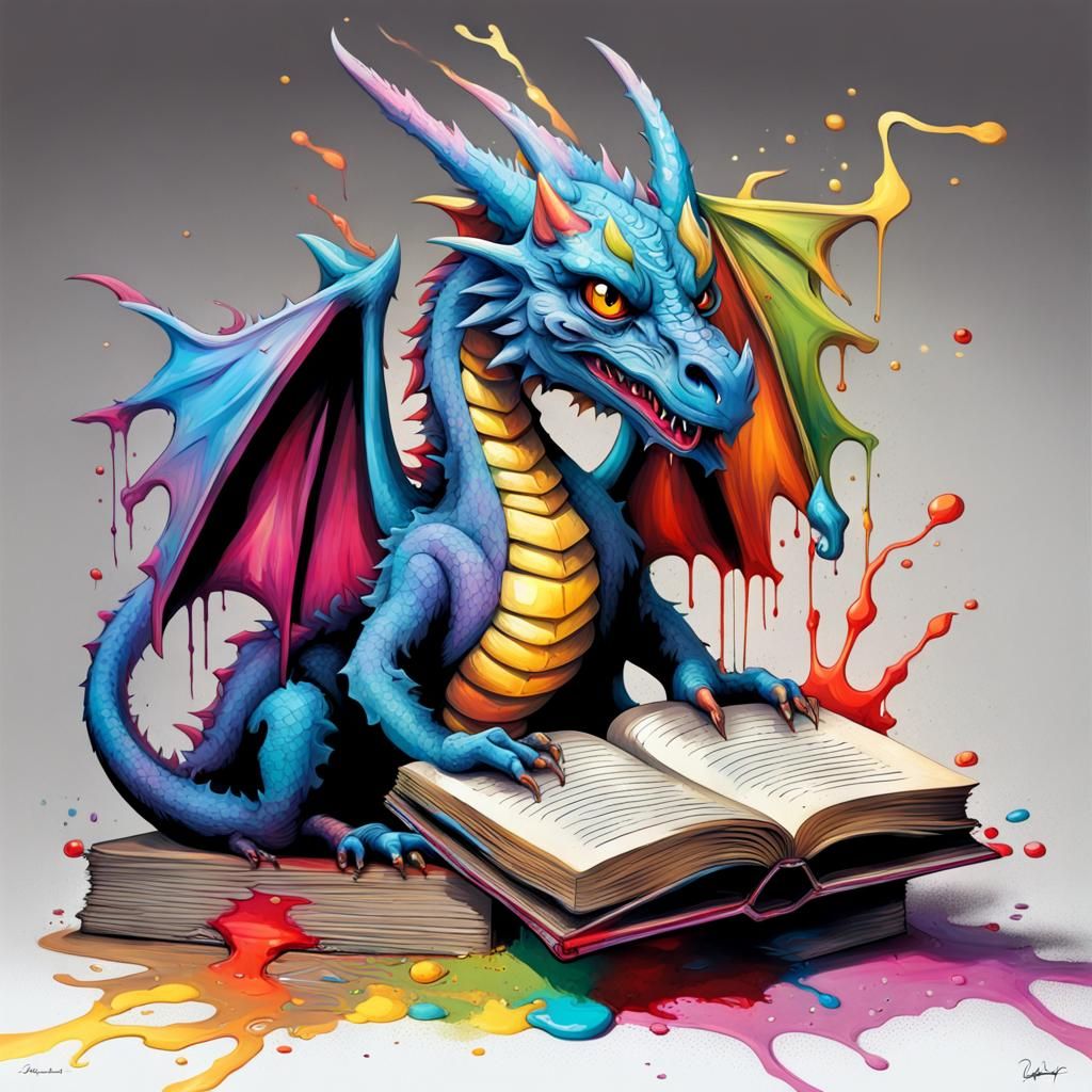 Colorful Book Dragon in Graffiti Street Art Style