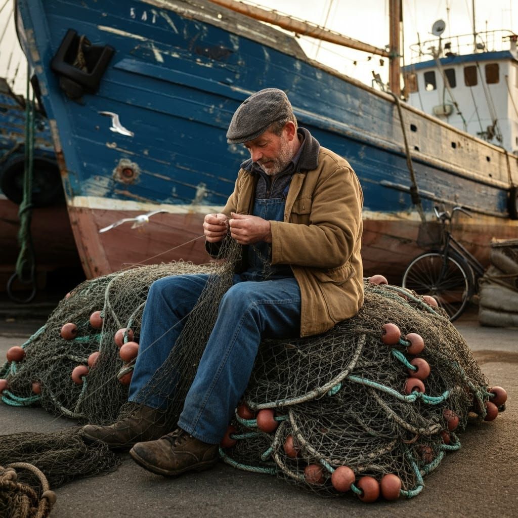 A Rugged Fisherman's Morning in a Bustling Maritime Port