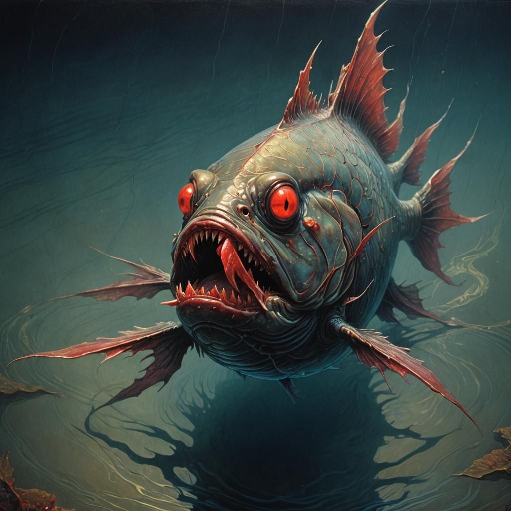 Menacing Fish in Dark Water: A Fantastical Digital Painting