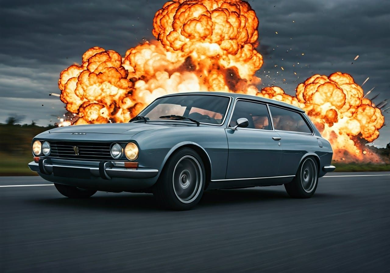 Peugeot 504 Racing Through Battlefield, Cinematic Still