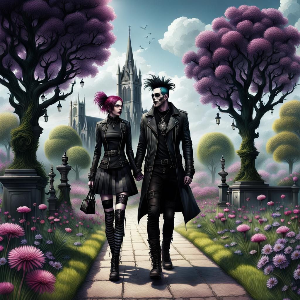 Gothic Punk Couple's Springtime Joy