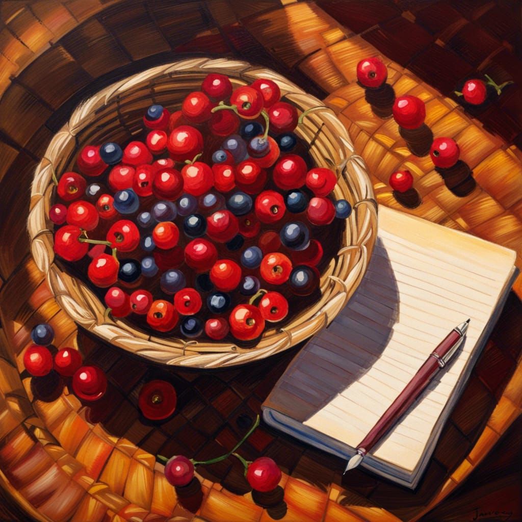 Overhead view of bowl with red berries, notebook and pen on ...