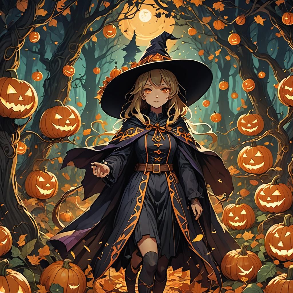 Anime Witch in Mystical Pumpkin Forest
