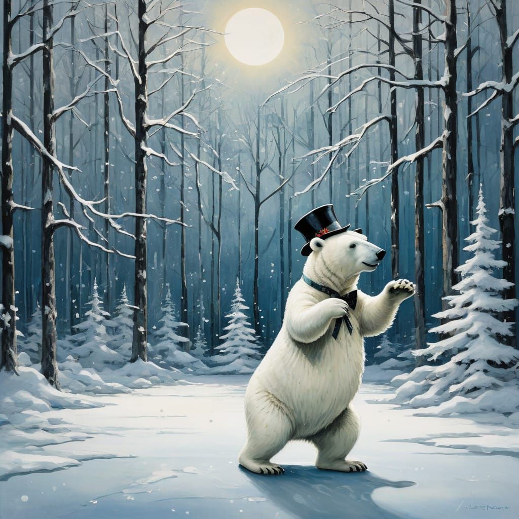 Polar Bear and Muskrat Waltz in Whimsical Arctic Scene