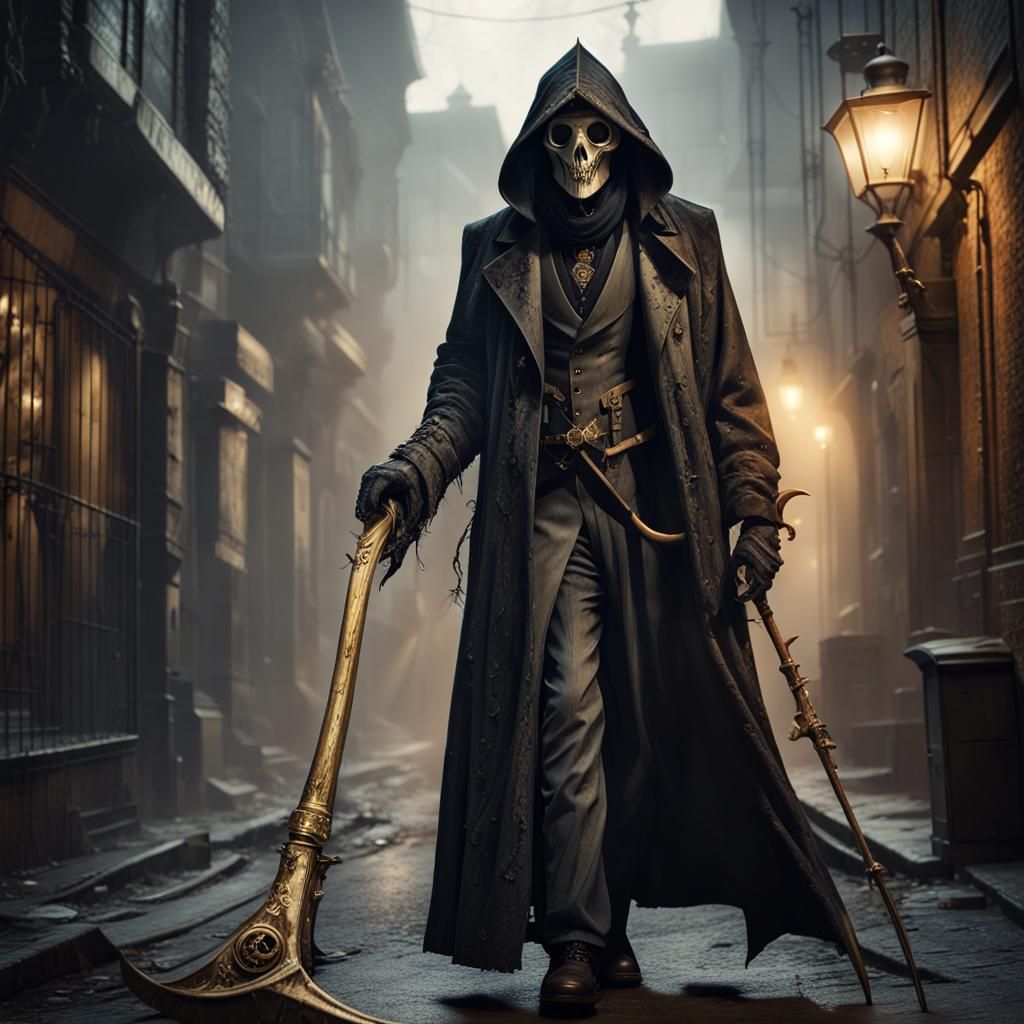 Steampunk Grim Reaper in Victorian Alleyway
