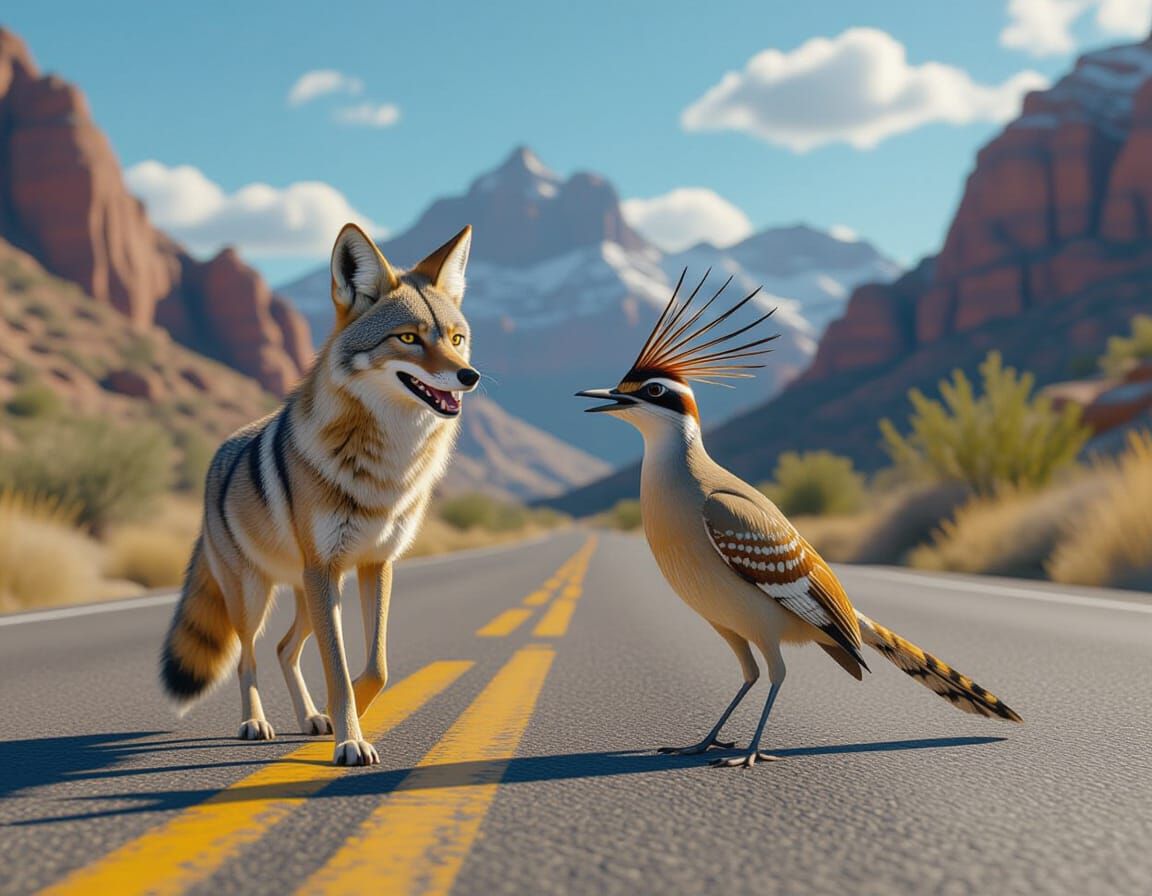 Coyote and Roadrunner Chatting on Mountain Road