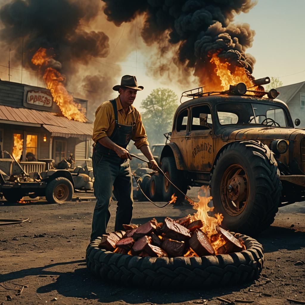 Roast Beef Chaos: Cinematic Tire Fire Scene