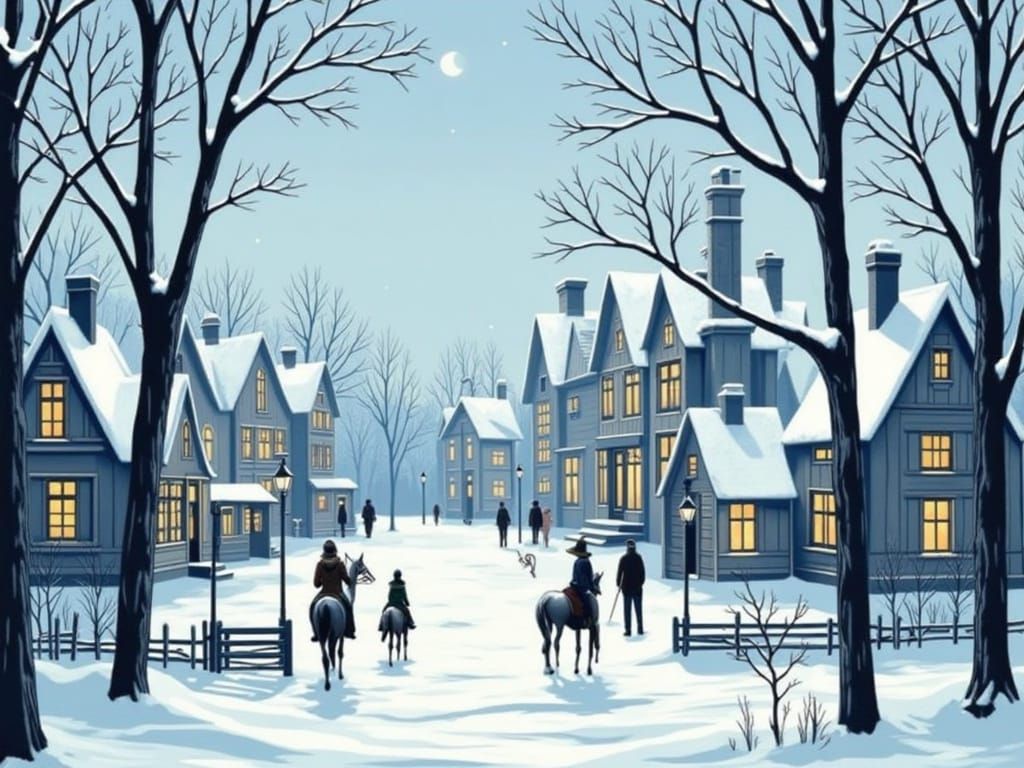 Whimsical Winter Village Scene in Soft Monochromatic Blues a...