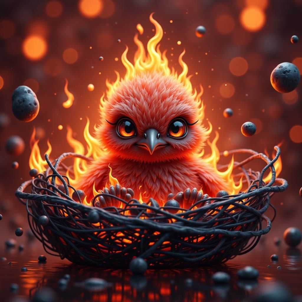 Adorable Fluffy Phoenix Chick Covered in Embers
