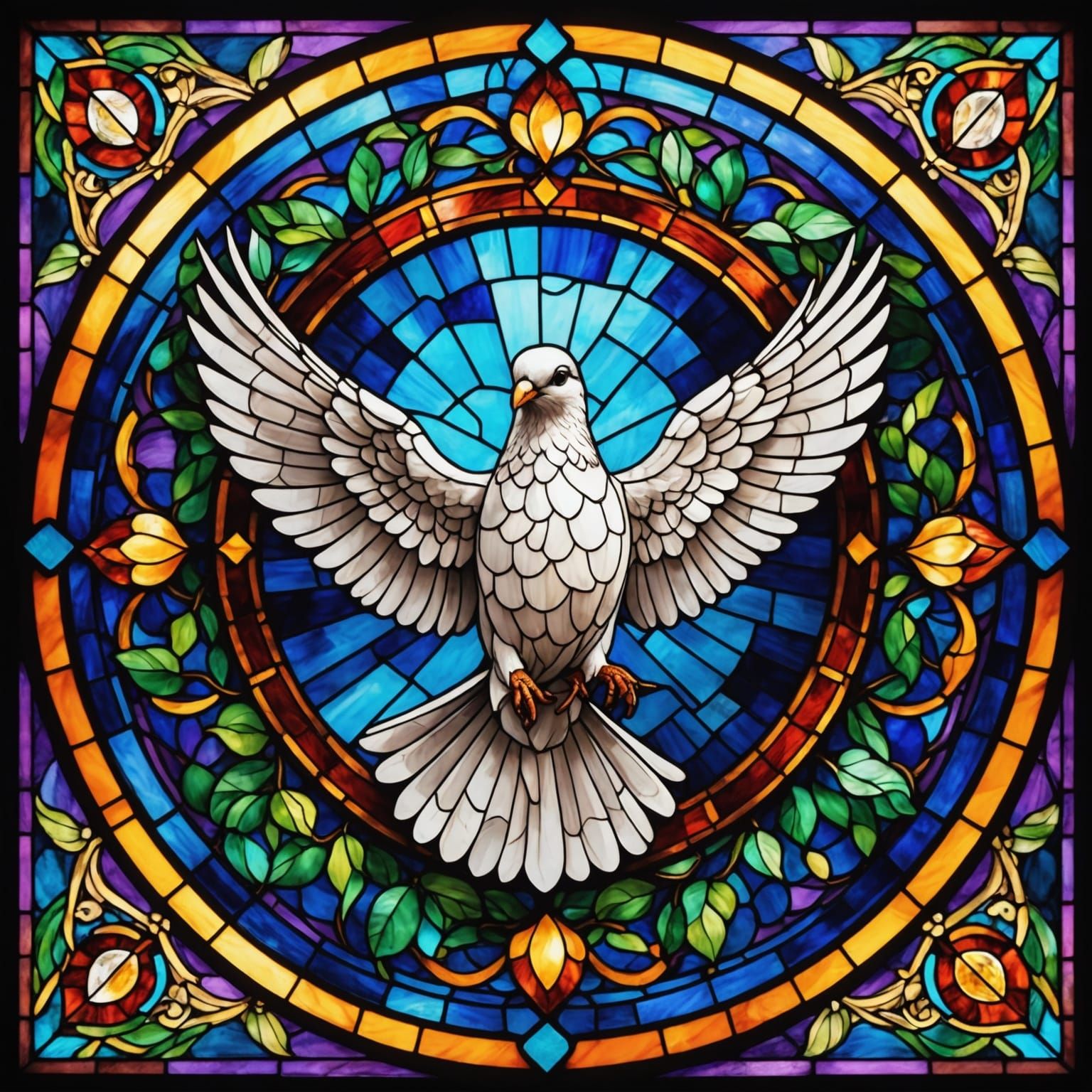 Stunning Photorealistic Stained Glass Art with Dove and Geom...