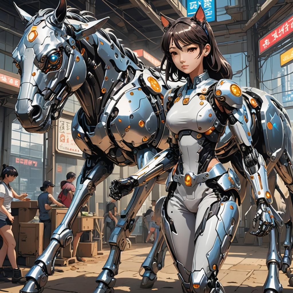 Farmer Girl with Cybernetic Pets in Anime Style