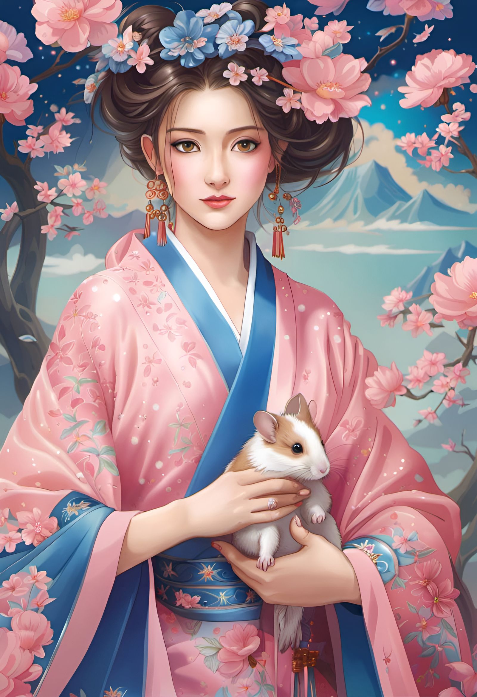 Pink and Blue Italian Goddess in Japanese Kimono