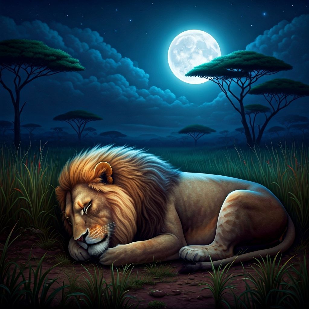 Lion Asleep Under Moonlight: Digital Painting