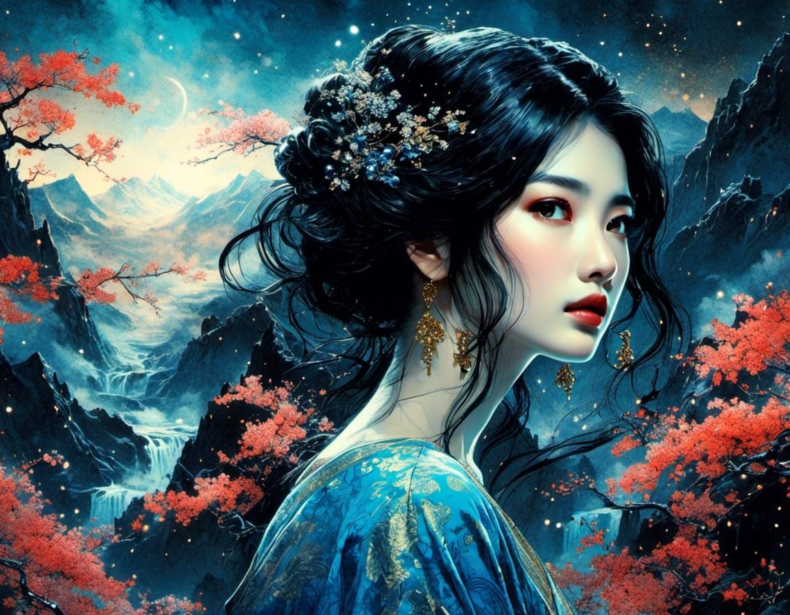 Japanese Woodblock Print: Woman with Glittering Hair