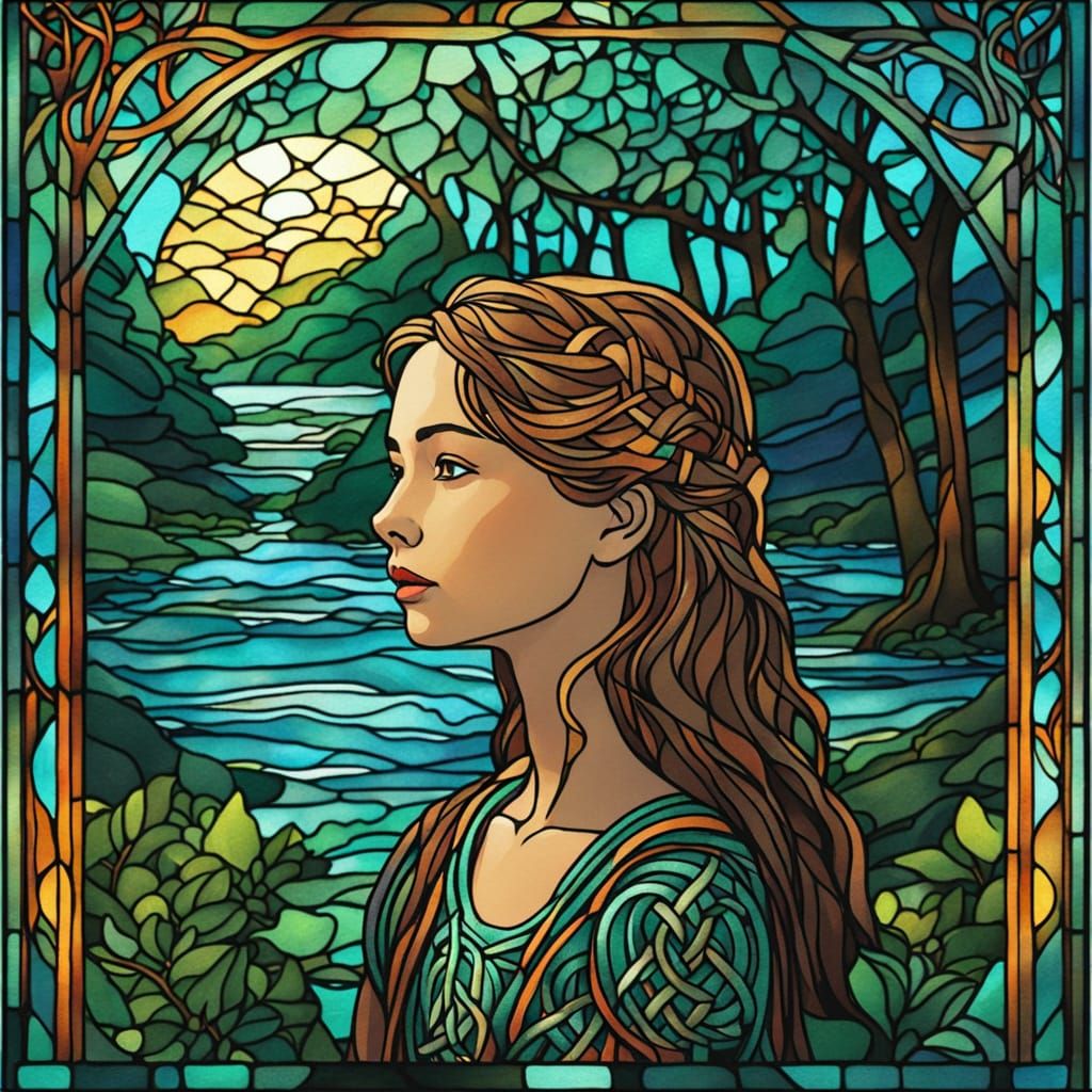 Celtic Stained Glass: Girl Singing in Mystical Forest