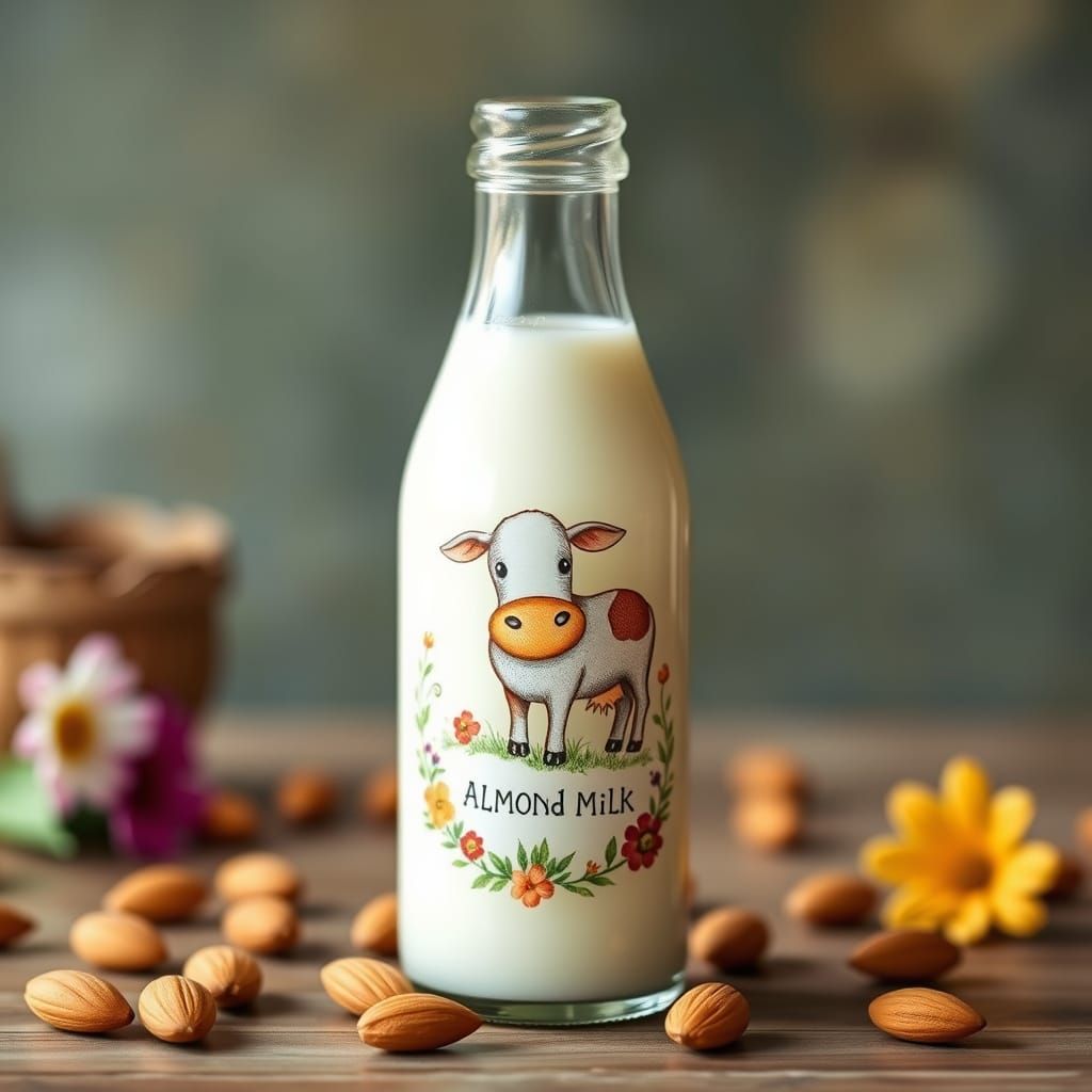 Almond Milk Bottle in Storybook Illustration Style
