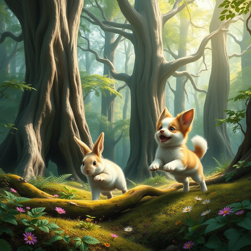 Bunny and Puppy Frolic in Lush Forest
