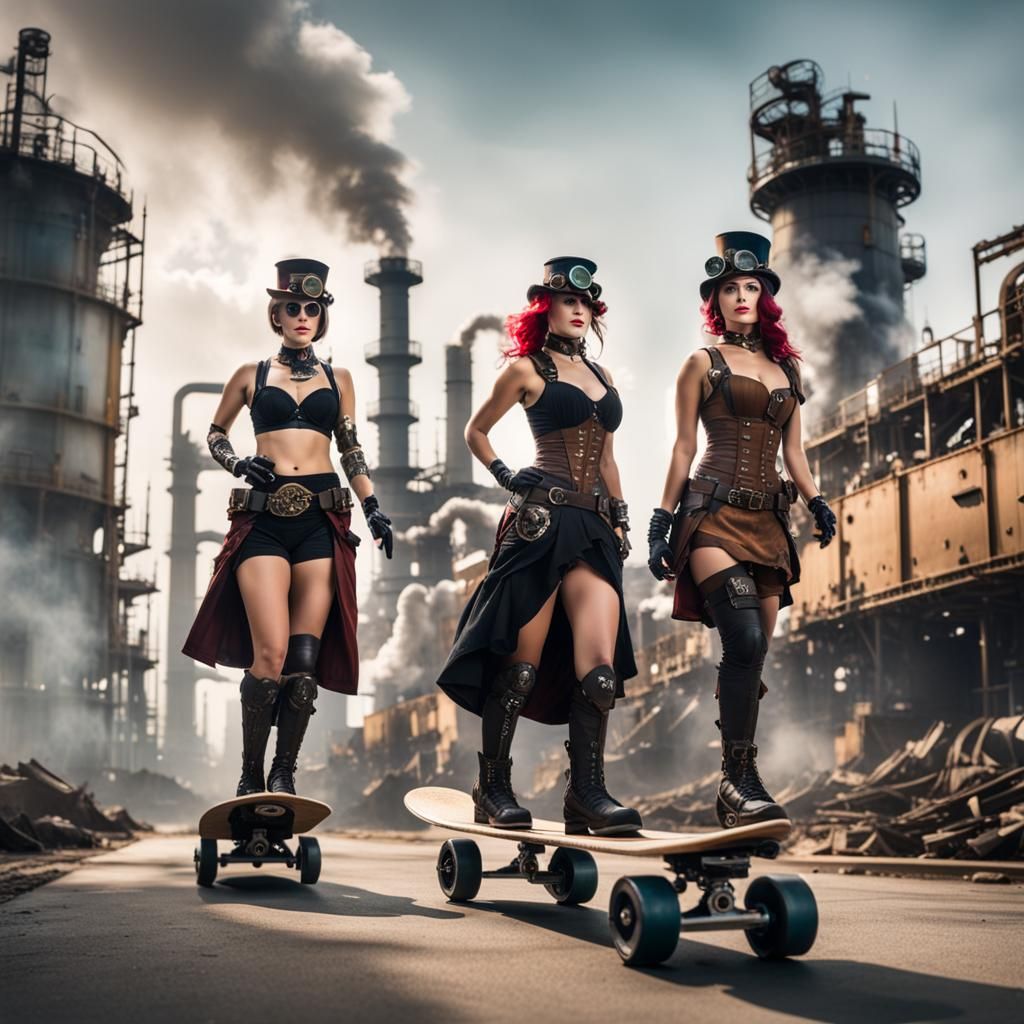 Steampunk Pinup Girls in a Futuristic City