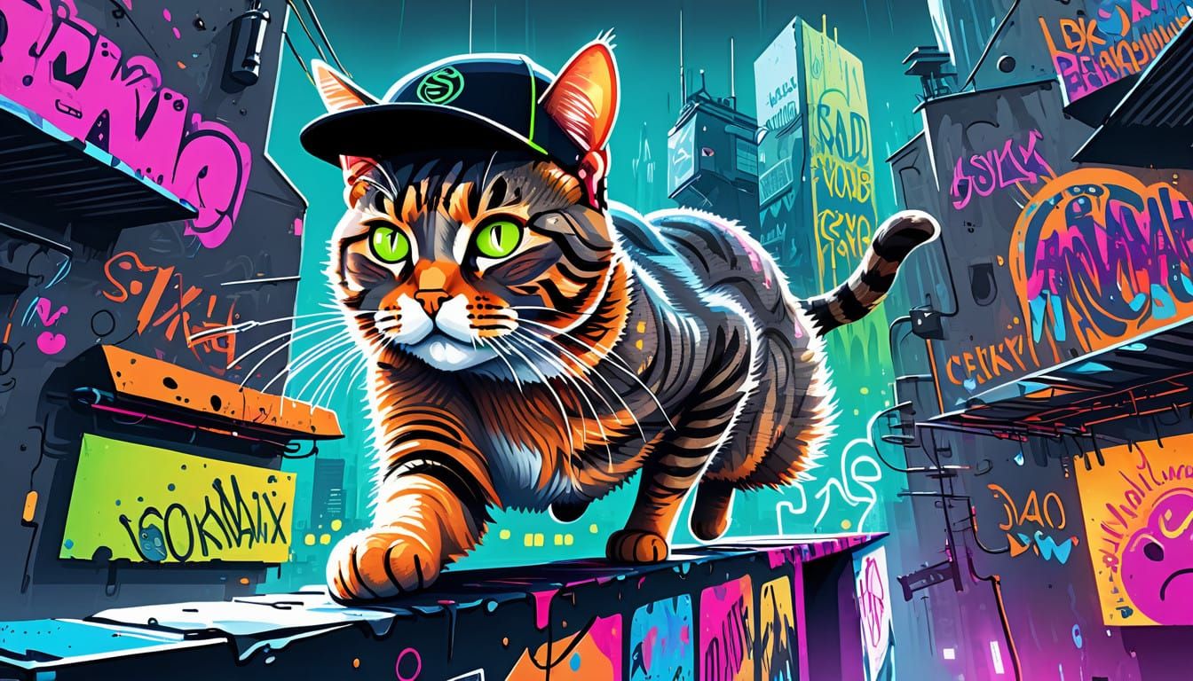 Cyberpunk Tabby Cat in Parkour Pose with Vibrant Graffiti Ba...
