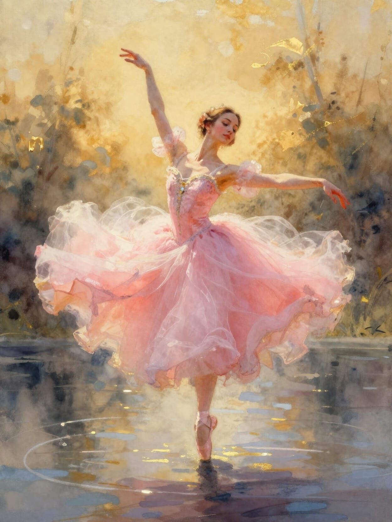 Coral Ballet Dancer Over Water in Golden Hour Light