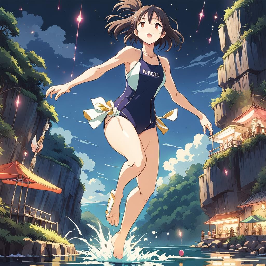 Anime Girl Cliff Jump: Ghibli-Inspired Night Party