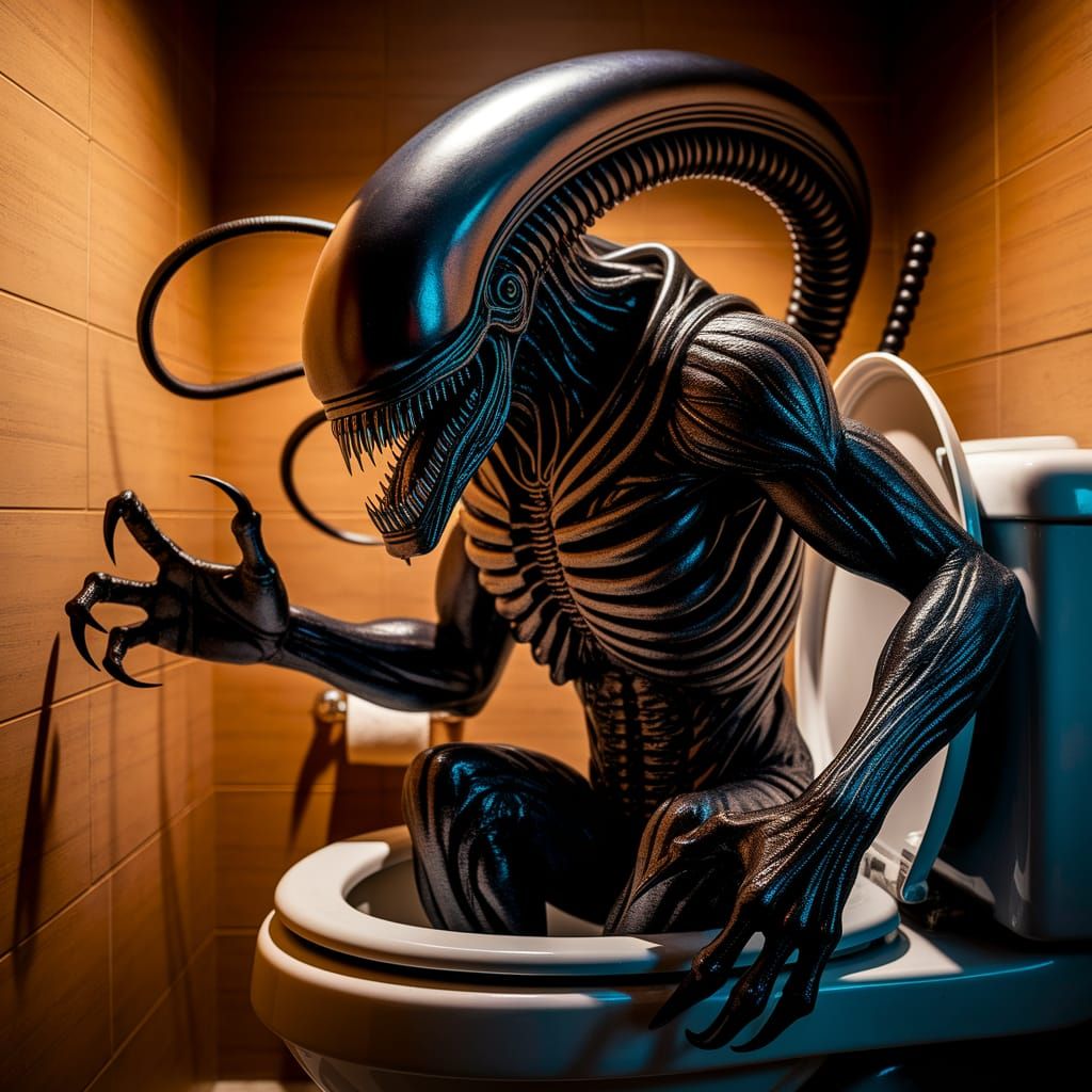 Monstrous Facehugger Alien Floats in Bathroom Toilet