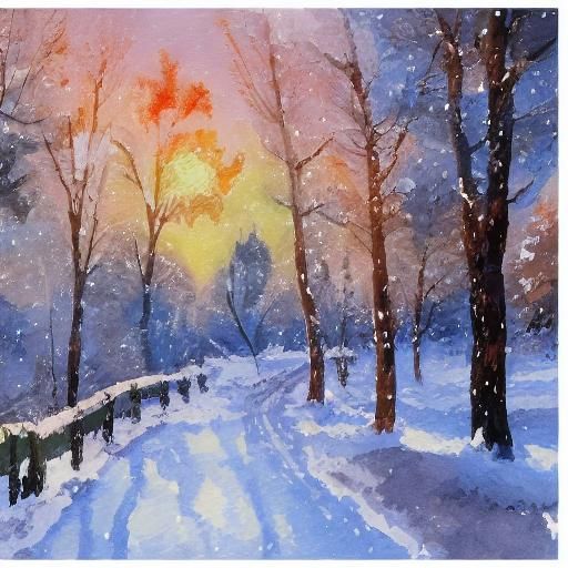 Snowy Landscape in Gouache and Watercolor Style