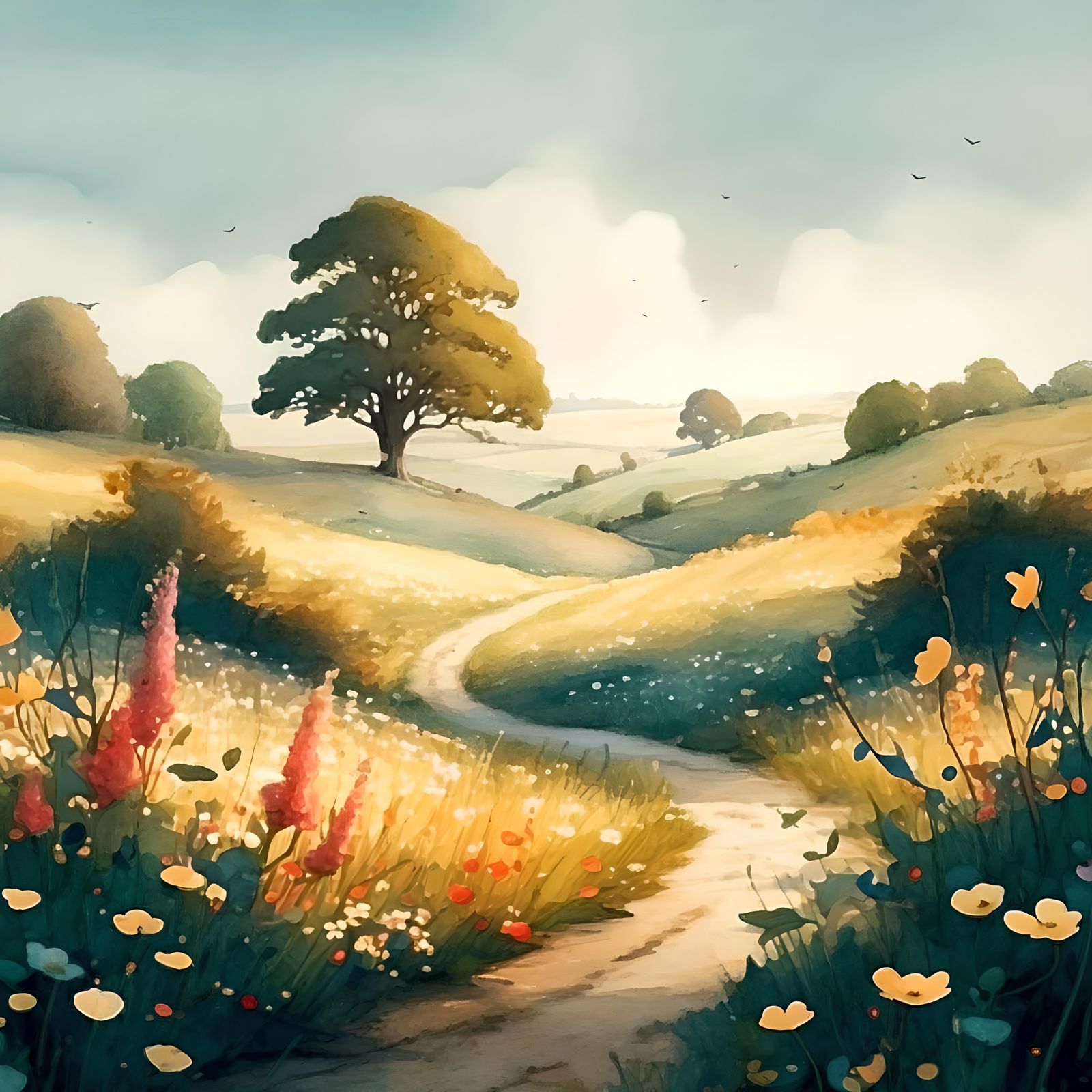 Watercolor Village Road Landscape for Greeting Card