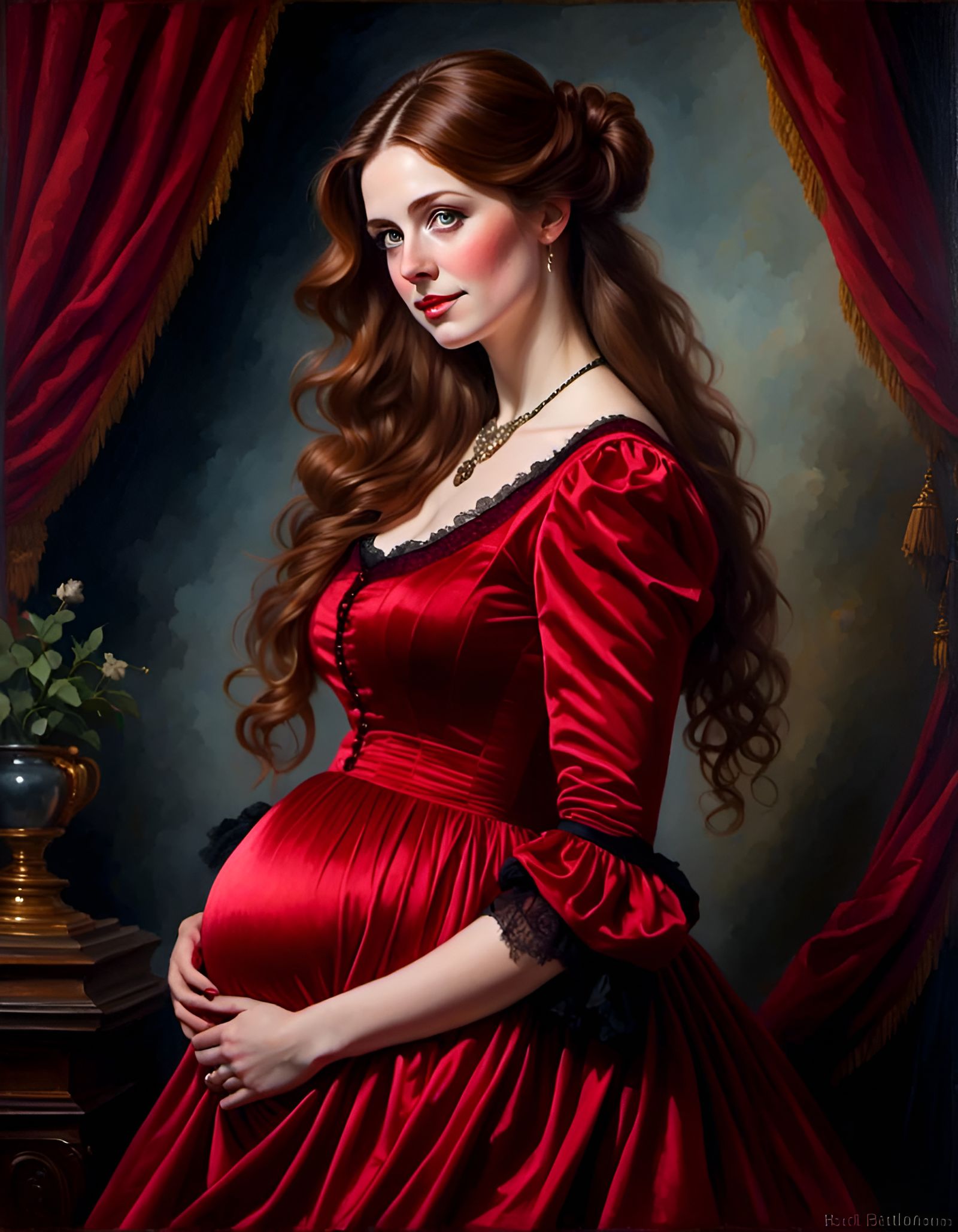 Victorian Portrait of Pregnant Woman in Red Dress
