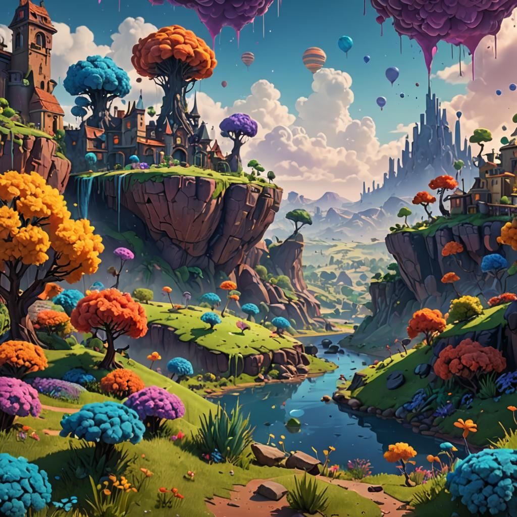 A landscape where ink splatters add texture and depth to the...