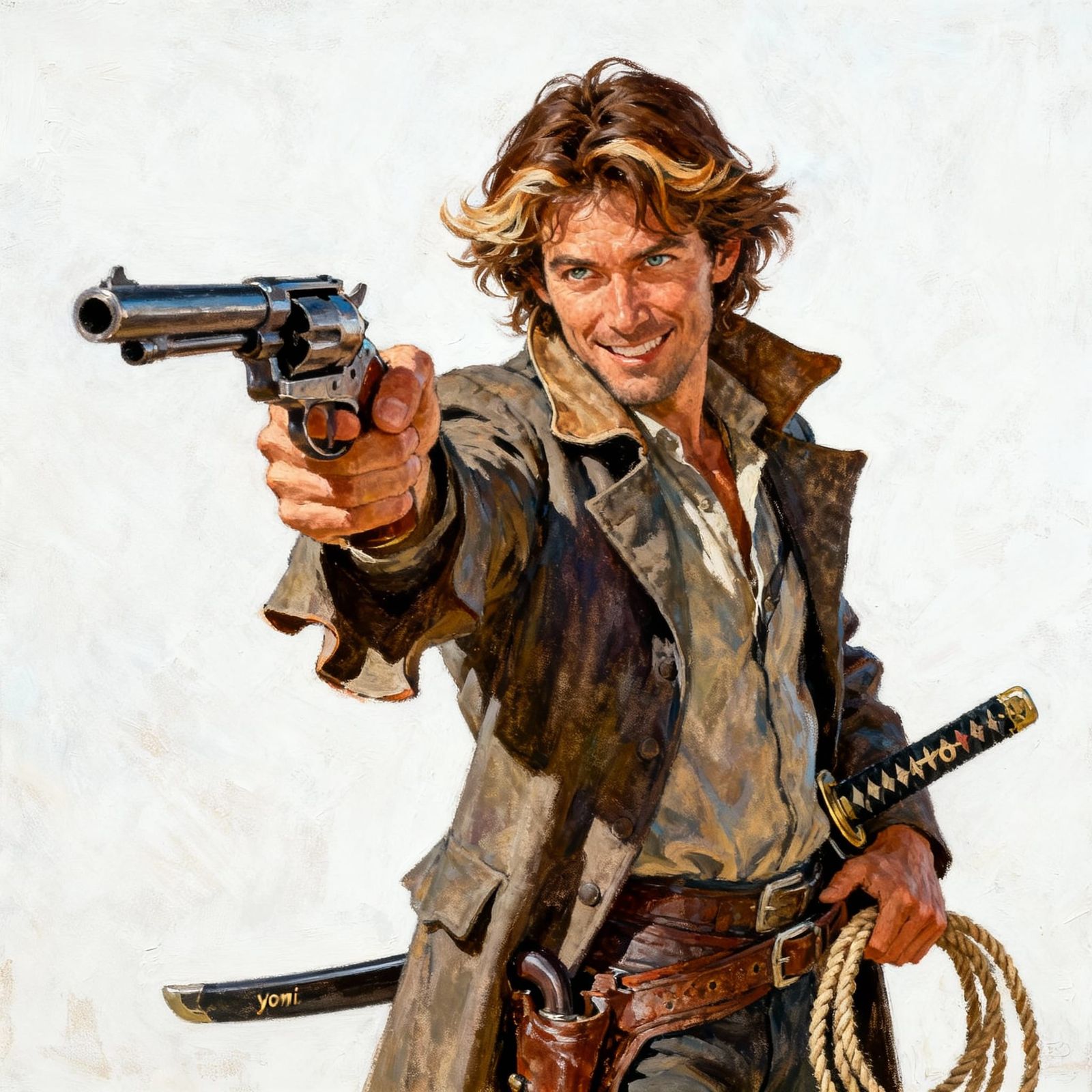 Cowboy with Katana and "Yomi" Sword, Oil Painting Style