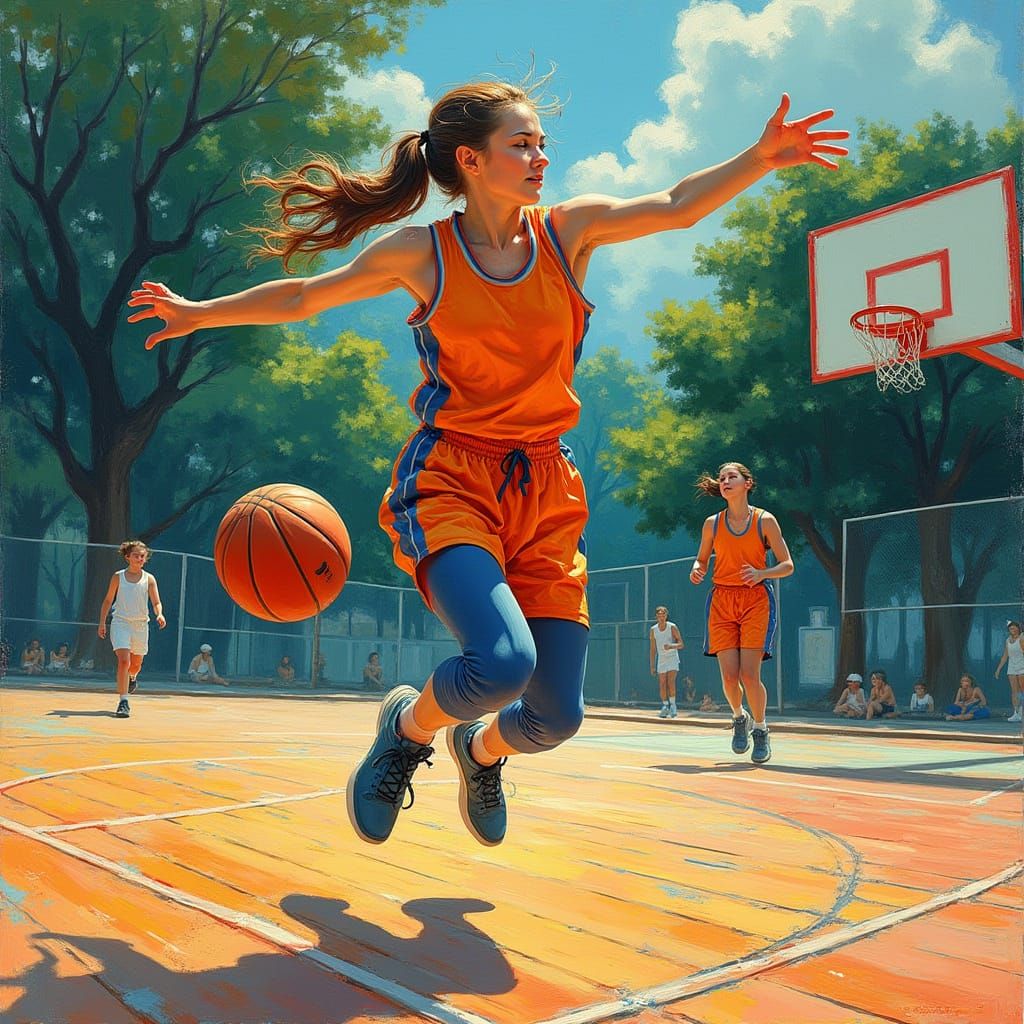 Vibrant Basketball Scene in Post-Impressionist Style