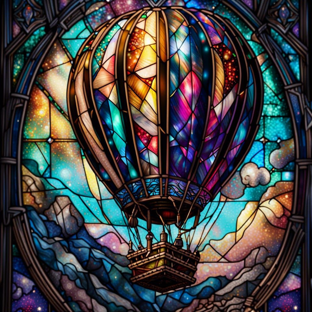 Stained Glass Hot Air Balloon: Cosmic Illustration
